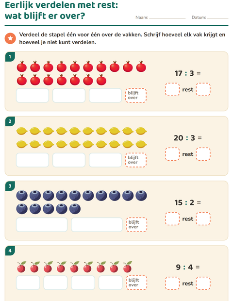 Voorbeeld van het Delen met rest-werkblad met Fruit voor groep 5