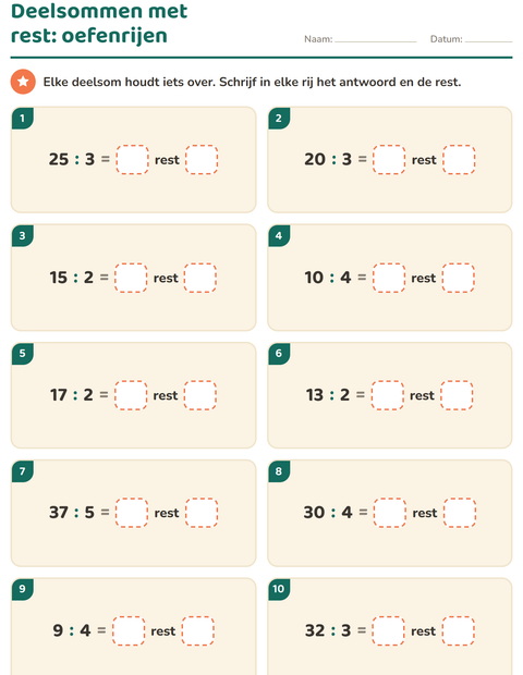 Voorbeeld van het Delen met rest-werkblad voor groep 5