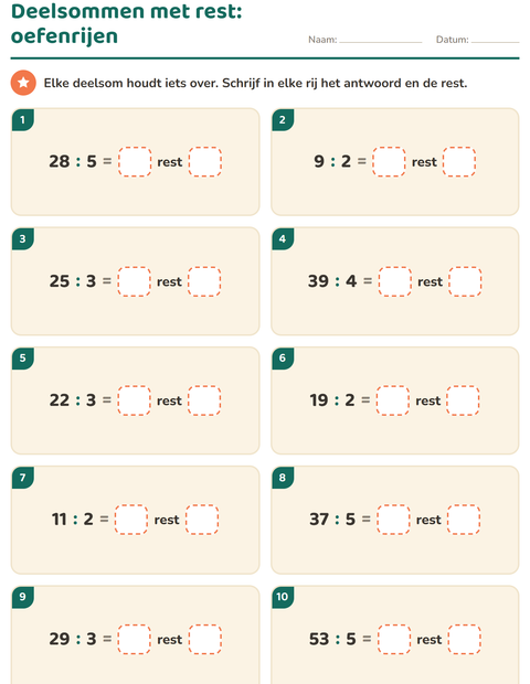 Deelsommen met rest: oefenrijen