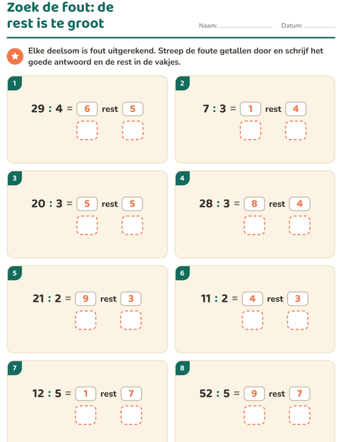 Voorbeeld van het Delen met rest-werkblad voor groep 5
