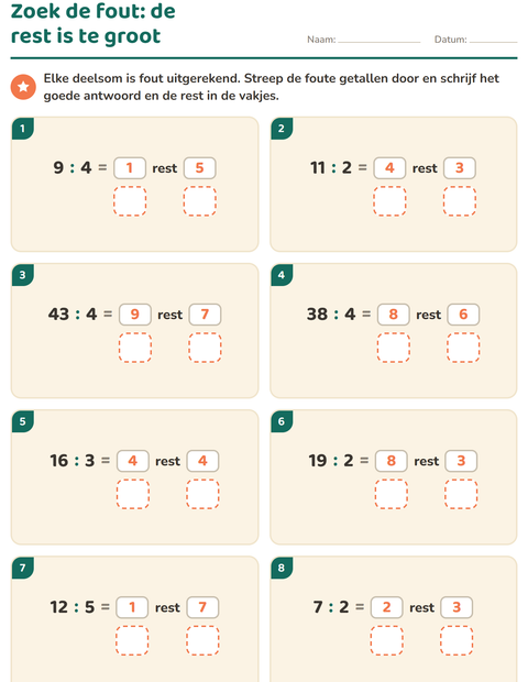Voorbeeld van het Delen met rest-werkblad voor groep 5
