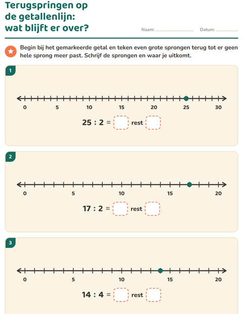 Voorbeeld van het Delen met rest-werkblad voor groep 5