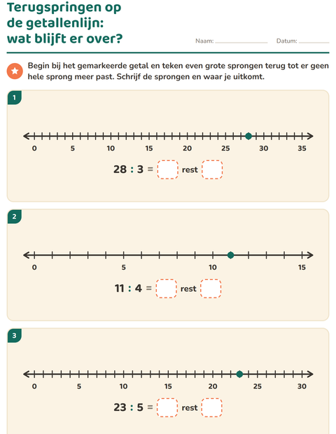 Voorbeeld van het Delen met rest-werkblad voor groep 5