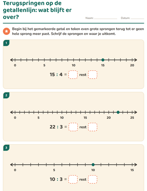Voorbeeld van het Delen met rest-werkblad voor groep 5