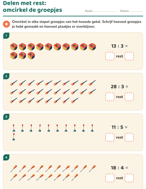 Voorbeeld van het Delen met rest-werkblad met Gereedschap voor groep 5