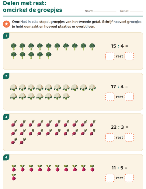 Voorbeeld van het Delen met rest-werkblad met Groenten voor groep 5