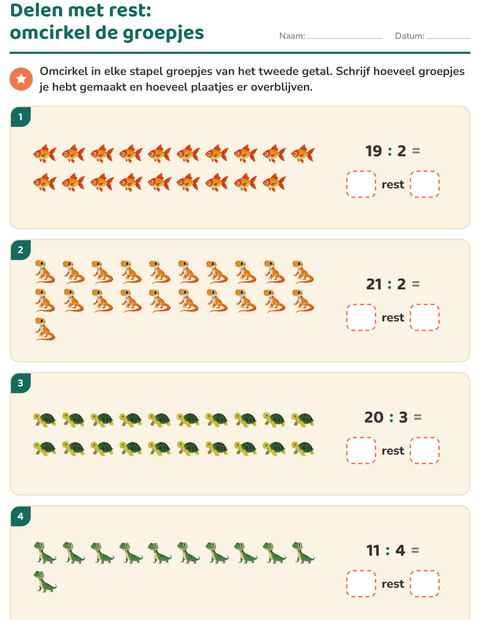 Voorbeeld van het Delen met rest-werkblad met Huisdieren voor groep 5