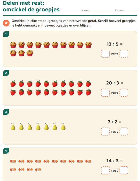 Voorbeeld van het Delen met rest-werkblad met In de supermarkt voor groep 5