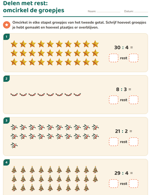 Voorbeeld van het Delen met rest-werkblad met Kerstmis voor groep 5