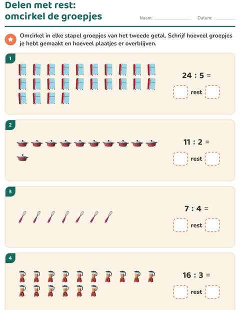 Voorbeeld van het Delen met rest-werkblad met Keukengerei voor groep 5