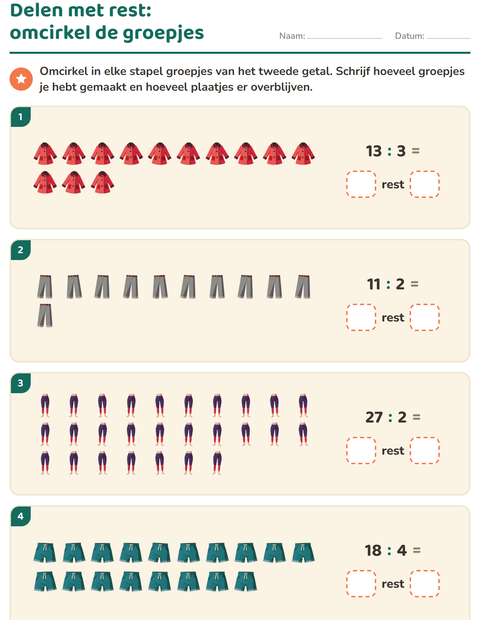 Voorbeeld van het Delen met rest-werkblad met Kleding voor groep 5
