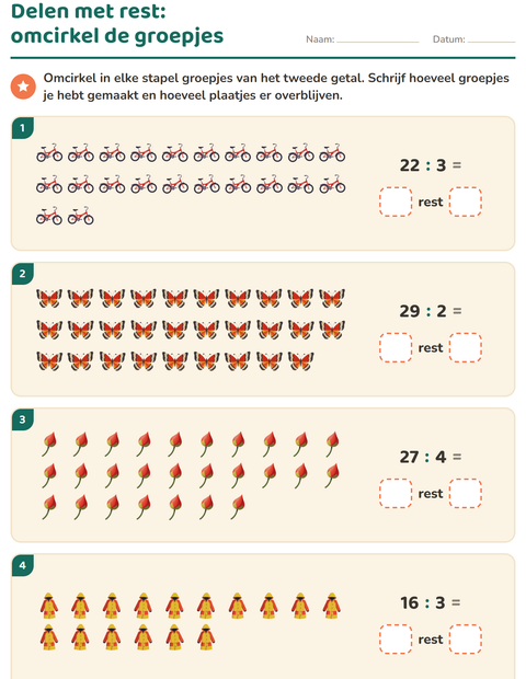 Voorbeeld van het Delen met rest-werkblad met Lente voor groep 5