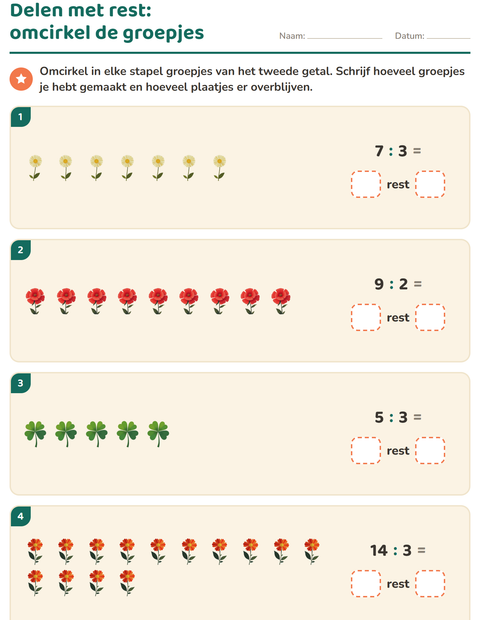 Voorbeeld van het Delen met rest-werkblad met Bloemen voor groep 5