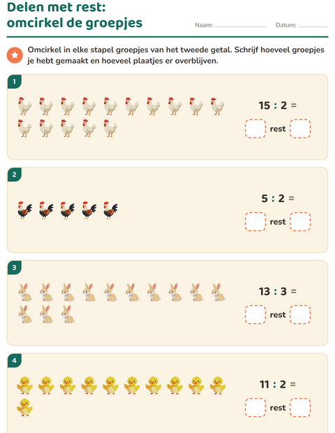 Voorbeeld van het Delen met rest-werkblad met Boerderijdieren voor groep 5