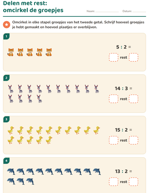 Voorbeeld van het Delen met rest-werkblad met Dieren voor groep 5