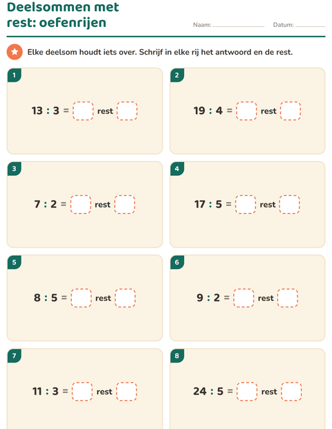 Voorbeeld van het Delen met rest-werkblad voor groep 5