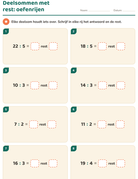 Voorbeeld van het Delen met rest-werkblad voor groep 5