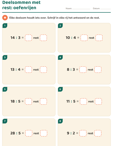 Voorbeeld van het Delen met rest-werkblad voor groep 5