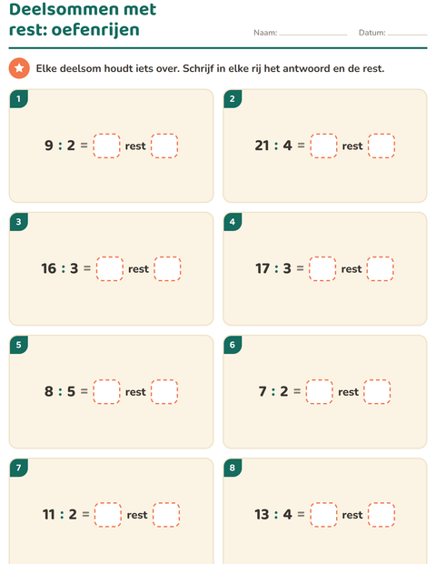 Voorbeeld van het Delen met rest-werkblad voor groep 5