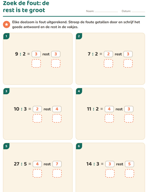 Voorbeeld van het Delen met rest-werkblad voor groep 5