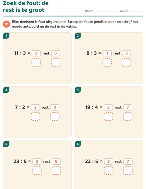 Voorbeeld van het Delen met rest-werkblad voor groep 5