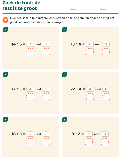 Voorbeeld van het Delen met rest-werkblad voor groep 5