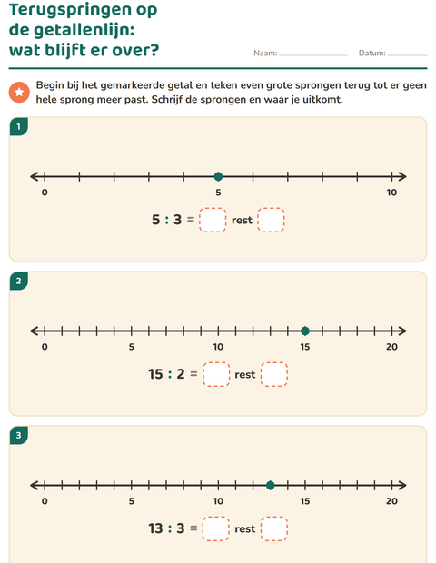 Voorbeeld van het Delen met rest-werkblad voor groep 5