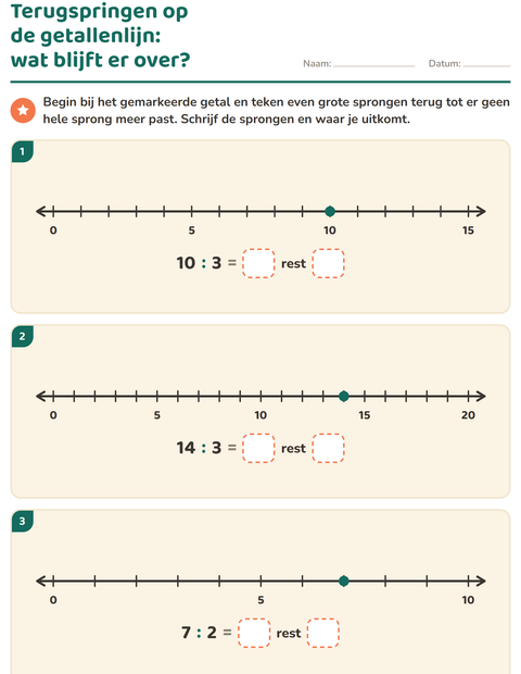 Voorbeeld van het Delen met rest-werkblad voor groep 5