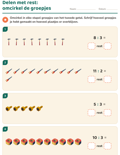 Voorbeeld van het Delen met rest-werkblad met Gereedschap voor groep 5