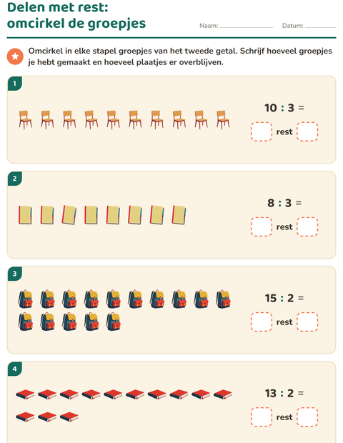 Voorbeeld van het Delen met rest-werkblad met Klaslokaal voor groep 5