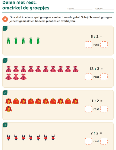 Voorbeeld van het Delen met rest-werkblad met Kleding voor groep 5