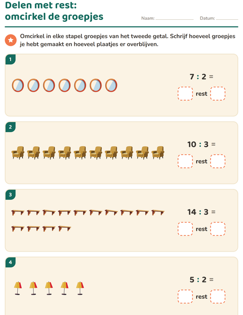 Voorbeeld van het Delen met rest-werkblad met Meubels voor groep 5