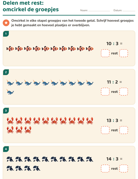 Voorbeeld van het Delen met rest-werkblad met Oceaanleven voor groep 5