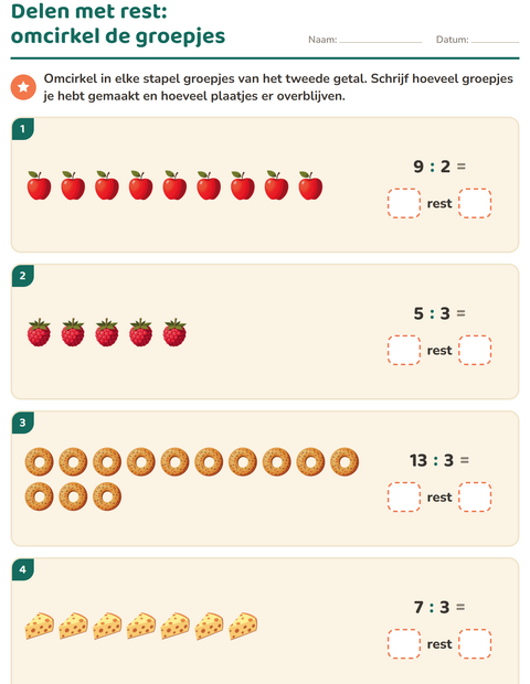 Voorbeeld van het Delen met rest-werkblad met Ontbijt voor groep 5