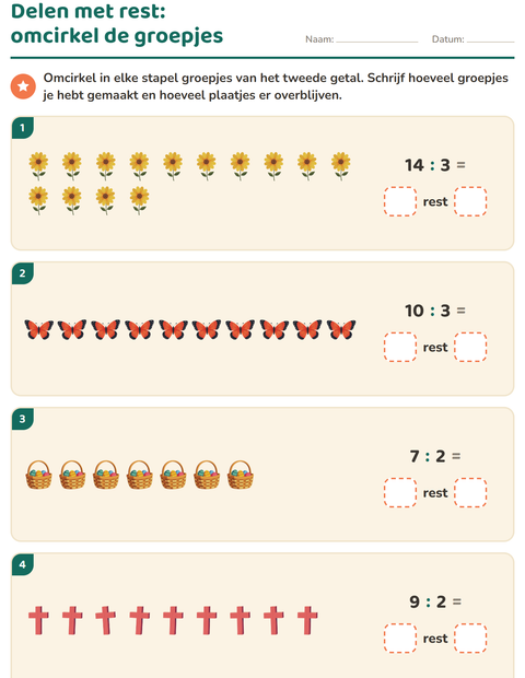 Voorbeeld van het Delen met rest-werkblad met Pasen voor groep 5