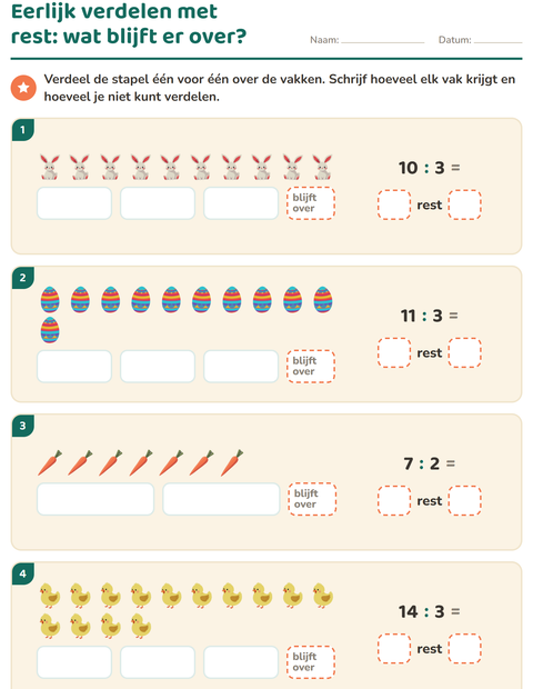 Voorbeeld van het Delen met rest-werkblad met Pasen voor groep 5