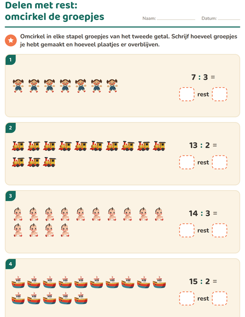 Voorbeeld van het Delen met rest-werkblad met Speelgoed voor groep 5