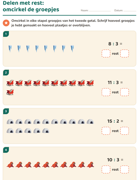 Voorbeeld van het Delen met rest-werkblad met Winter voor groep 5