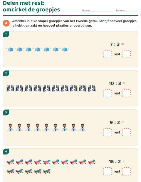 Voorbeeld van het Delen met rest-werkblad met Ziekenhuis voor groep 5