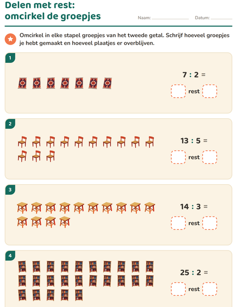 Voorbeeld van het Delen met rest-werkblad met Meubels voor groep 5