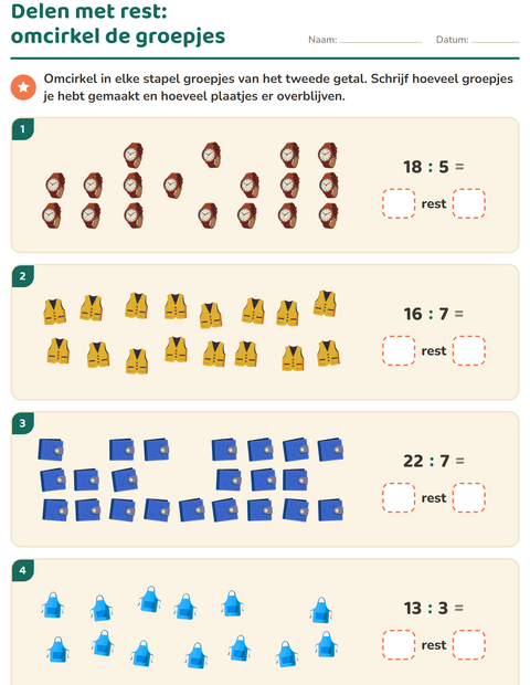 Voorbeeld van het Delen met rest-werkblad met Accessoires voor groep 5
