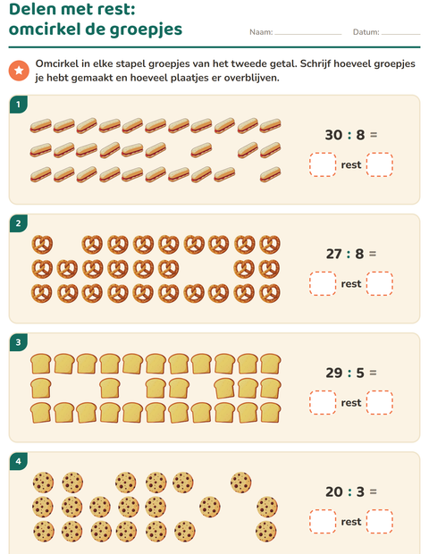 Voorbeeld van het Delen met rest-werkblad met Bakkerij voor groep 5