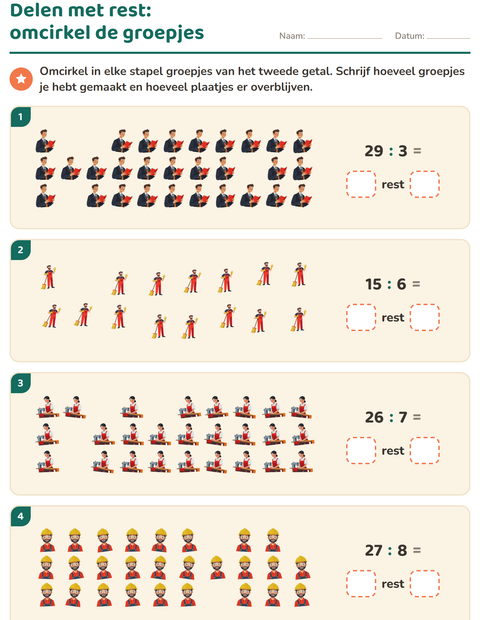 Voorbeeld van het Delen met rest-werkblad met Beroepen voor groep 5