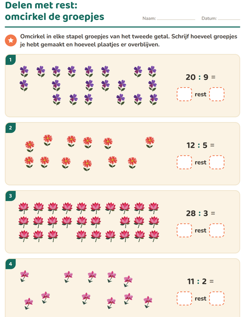 Voorbeeld van het Delen met rest-werkblad met Bloemen voor groep 5