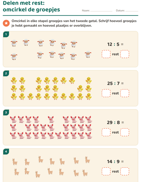 Voorbeeld van het Delen met rest-werkblad met Boerderijdieren voor groep 5
