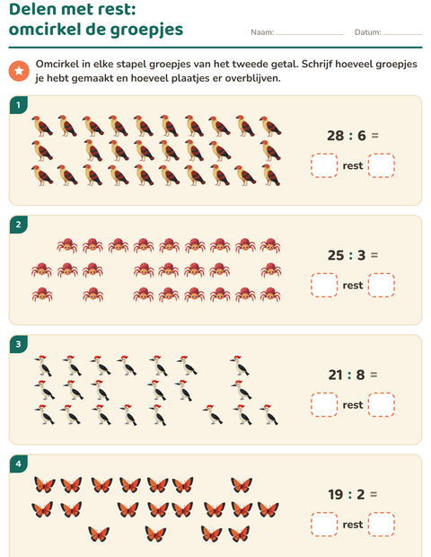 Voorbeeld van het Delen met rest-werkblad met Boswezens voor groep 5
