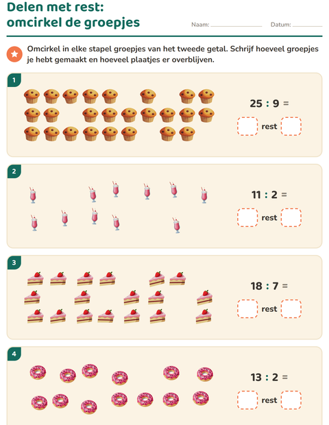 Voorbeeld van het Delen met rest-werkblad met Desserts en snoep voor groep 5