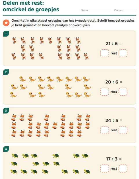 Voorbeeld van het Delen met rest-werkblad met Dieren voor groep 5