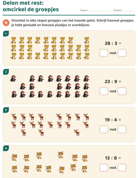 Voorbeeld van het Delen met rest-werkblad met Dierentuindieren voor groep 5