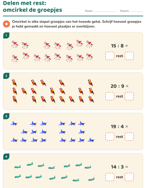 Voorbeeld van het Delen met rest-werkblad met Dingen die vliegen voor groep 5